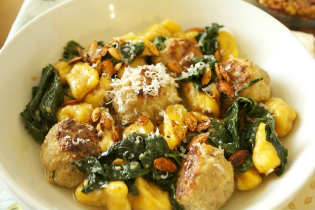 Butternut Squash Gnocchi with Pork Meatballs, Kale and Brown Butter Sauce Butternut Squash Gnocchi with Pork Meatballs, Kale and Brown Butter Sauce