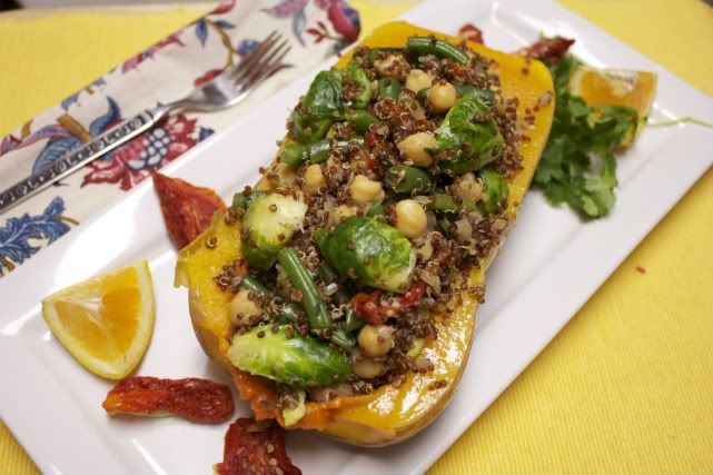 Quinoa, Brussel Sprouts and Chickpeas Stuffed Butternut Squash Quinoa, Brussel Sprouts and Chickpeas Stuffed Butternut Squash