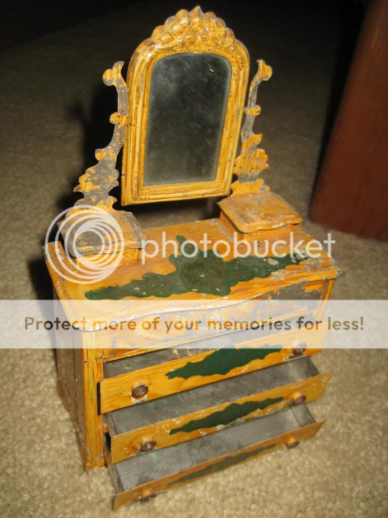 Antique Victorian Era Tin Painted Dollhouse Furniture Bedroom Set