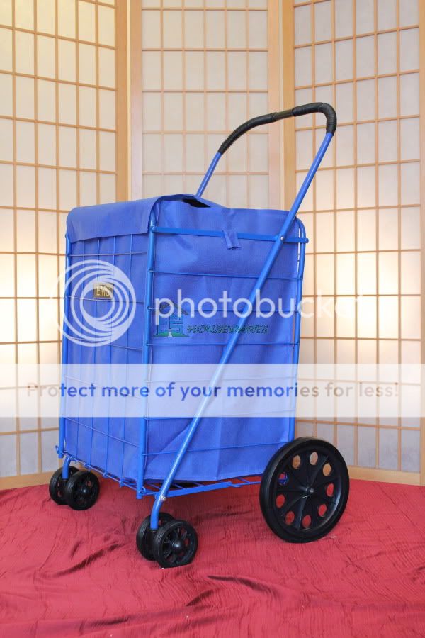 Blue Large Folding Shopping Cart w Blue Liner Swivel Rotating Wheels 